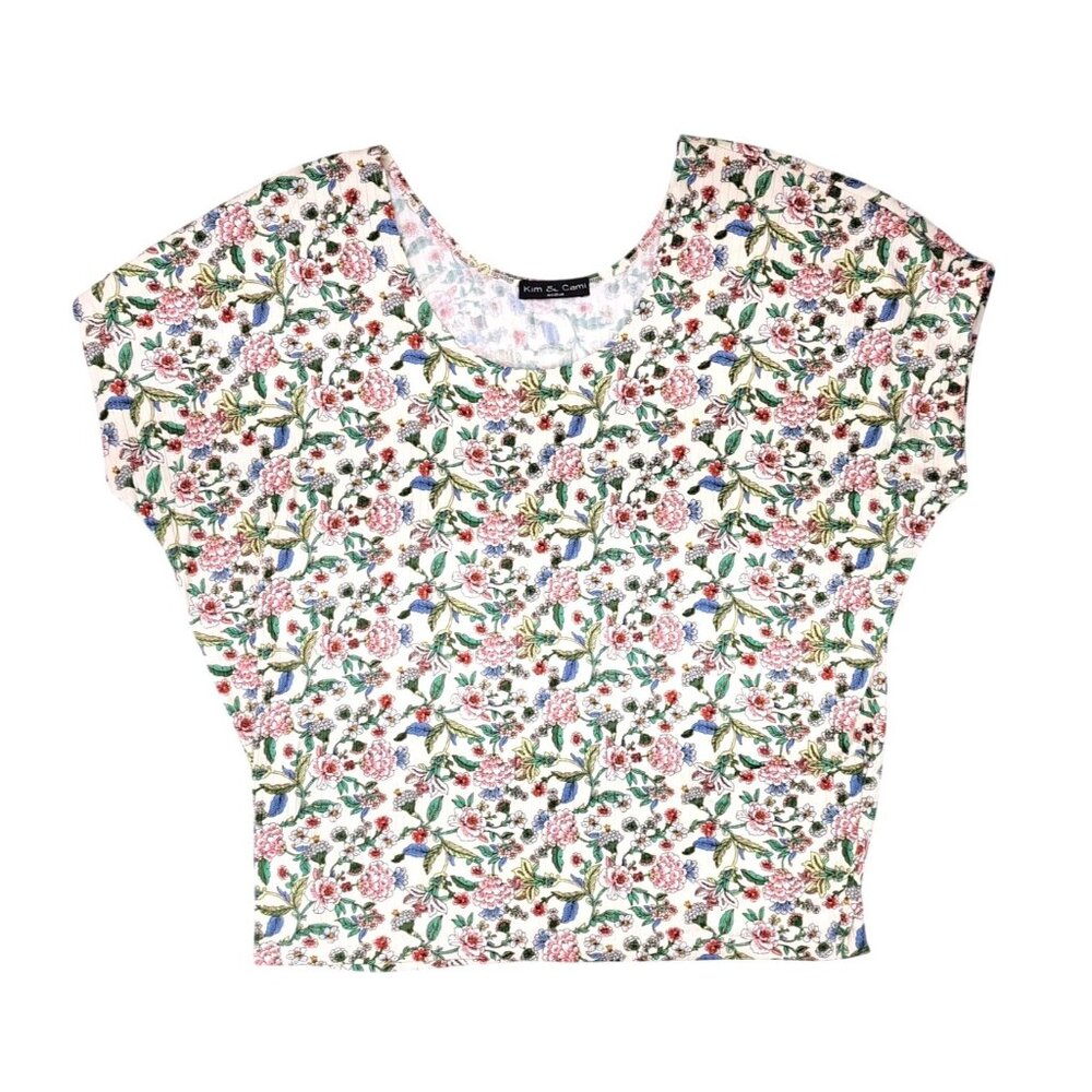 Kim & Cami Floral Print Blouse Women Size Medium Capped Sleeve Top Ribbed Knit - Picture 1 of 6